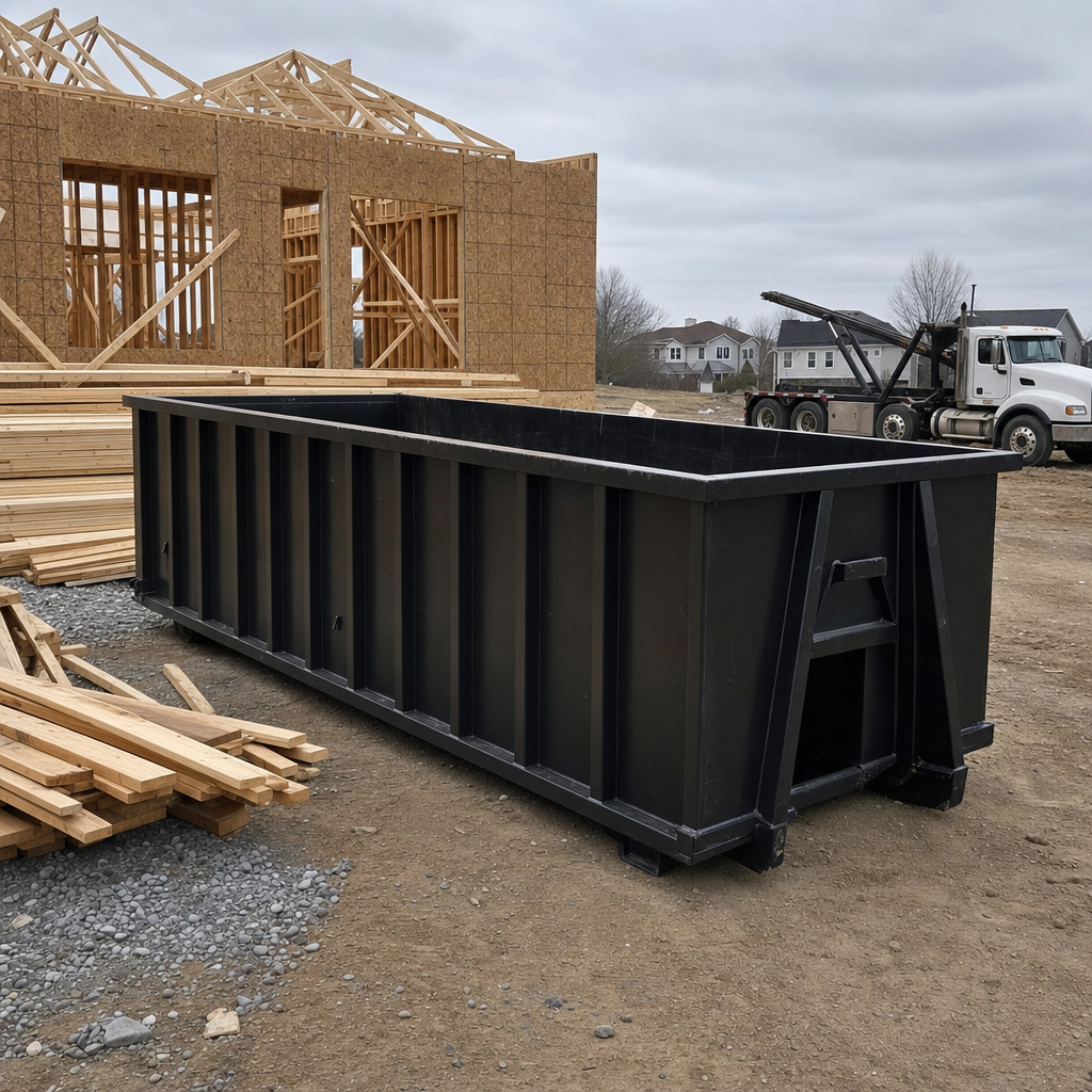 Matte-black 40-yard roll-off dumpster staged on a framed-out residential construction site in Lakewood, framing lumber stacked nearby, hooklift delivery truck visible in the background under bright Colorado daylight
