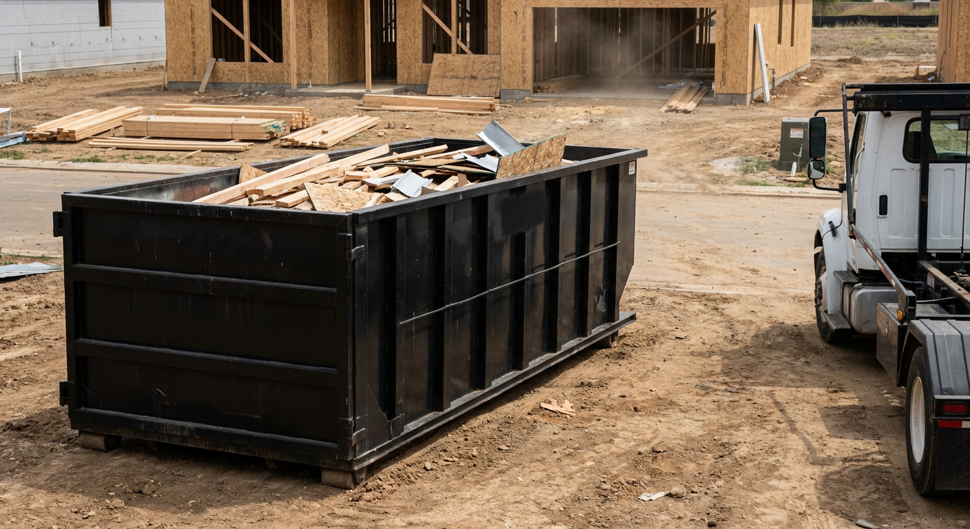 Matte-black 20-yard roll-off construction dumpster with heavy ribbed steel sidewalls and swing rear doors at a working jobsite in Lakewood, sitting directly on compacted dirt with an unmarked white hauler partially visible at the far edge of the frame.