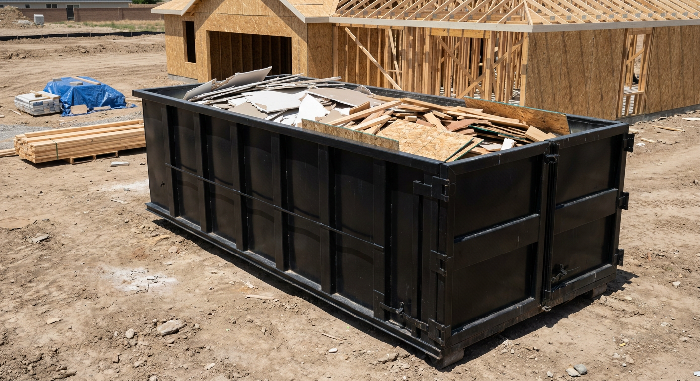 Matte-black 30-yard roll-off construction dumpster sitting directly on the compacted-dirt site of a framed single-family home build in Lakewood, drywall and lumber scrap loaded inside.