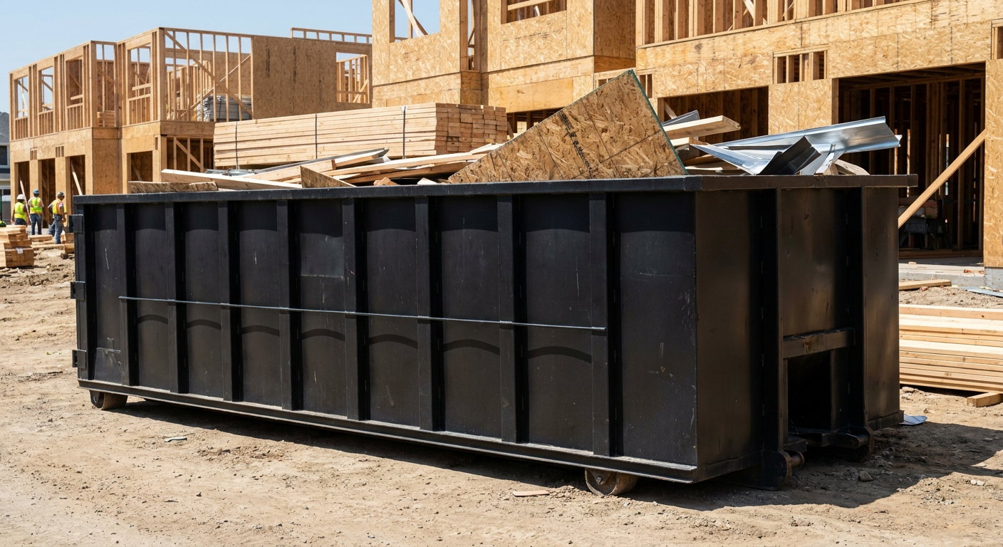 Matte-black 40-yard roll-off construction dumpster being lowered from a white-cab hooklift delivery truck onto the compacted-dirt jobsite at a commercial build site in Lakewood