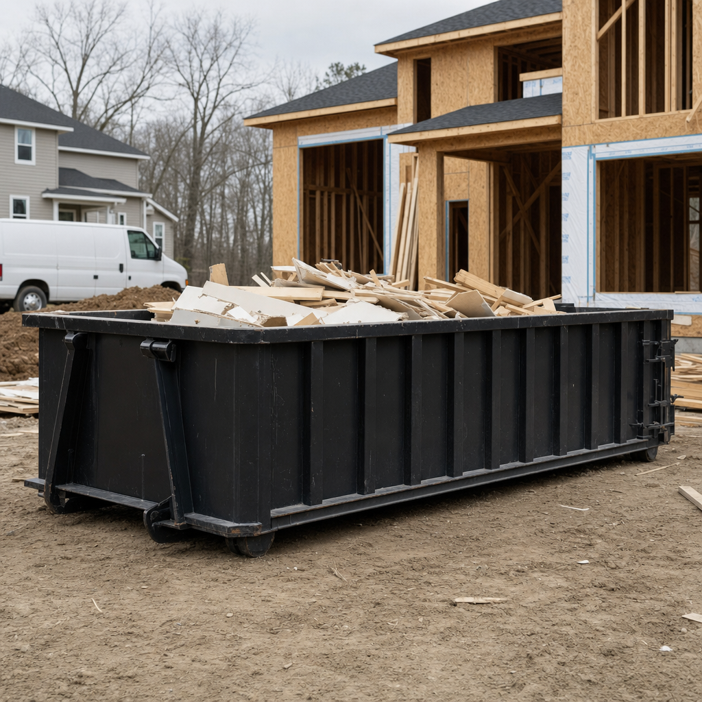 Worker in a yellow high-visibility vest tossing framing lumber and broken drywall into a matte-black 30-yard construction roll-off dumpster on an active build site in Lakewood, bright daylight