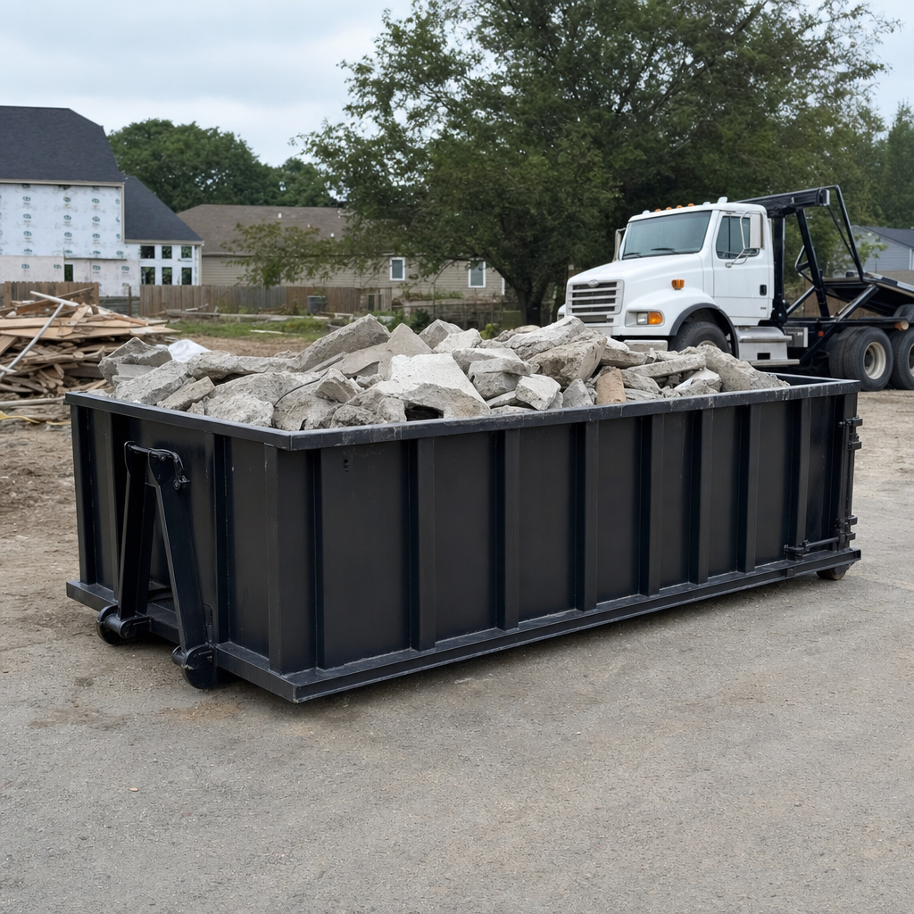 Low-profile matte-black lowboy roll-off dumpster loaded with broken concrete slab and rebar at a foundation tear-out in Lakewood, skid steer parked beside it, sunny Colorado morning