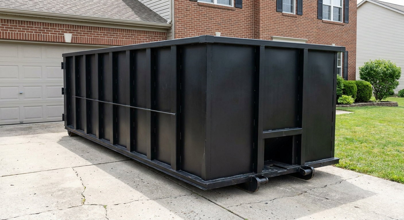 Matte-black 20-yard roll-off container on a Lakewood residential concrete driveway with reinforced ribbed steel sidewalls and a hinged rear walk-in door, clean bright daylight.