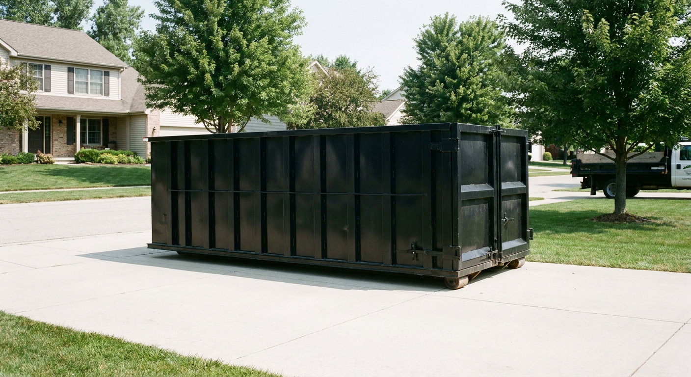 Matte-black 20-yard roll-off dumpster sitting level on a clean Lakewood residential concrete driveway under bright daylight, demonstrating clean placement directly on the concrete.