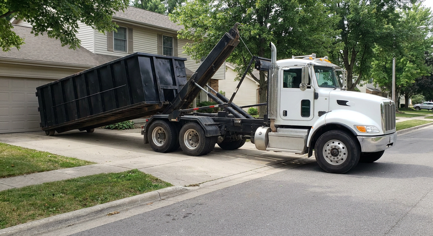 White-cab hooklift roll-off truck actively lowering a matte-black dumpster onto a Lakewood residential concrete driveway, the dumpster's rear wheels touching the driveway as the hoist arm tilts the bed forward, mid-morning daylight.