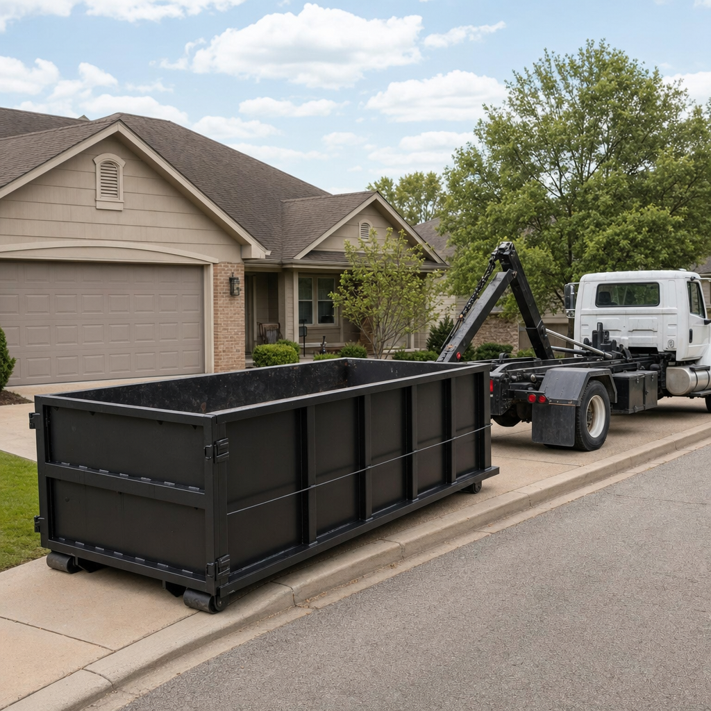 Wide documentary shot of a matte-black roll-off dumpster on a Lakewood residential driveway in the foreground and a contractor jobsite container in the soft-focus background, bright daylight, calm and orderly composition.