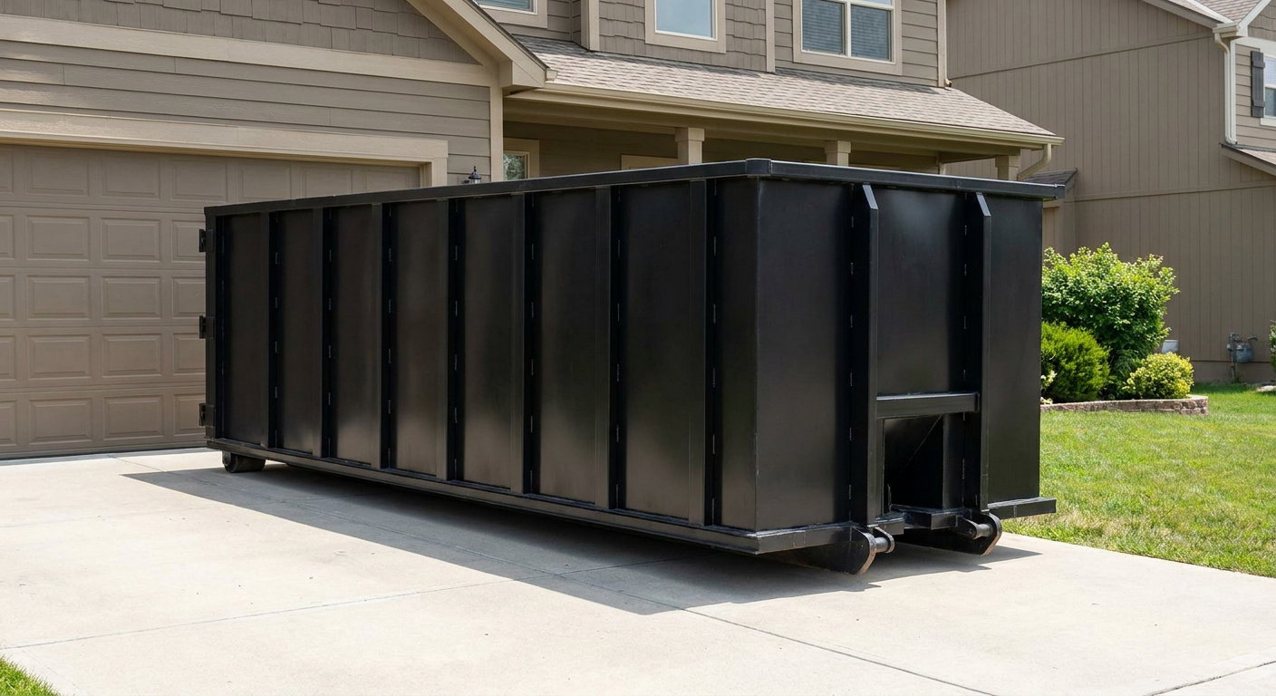 Matte-black residential roll-off dumpster sitting directly on a suburban Lakewood concrete driveway, garage door closed, single-family home in background, bright morning daylight.