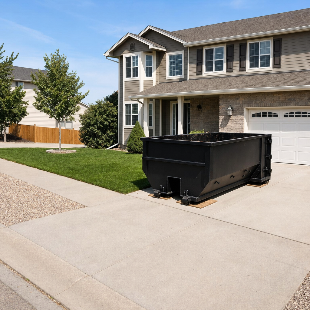 10-yard matte-black residential dumpster placed directly on a narrow Lakewood concrete driveway, room remains for a parked sedan beside it, mid-morning natural light