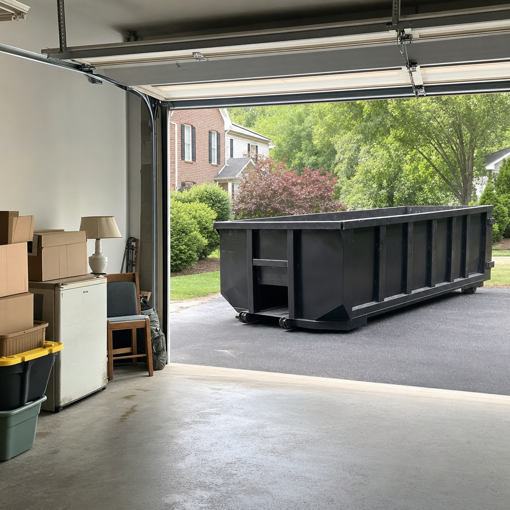 Open garage interior in a Lakewood home mid-cleanout — boxed items, an old appliance, and stacked yard tools queued near the driveway for a matte-black roll-off dumpster, organized and calm