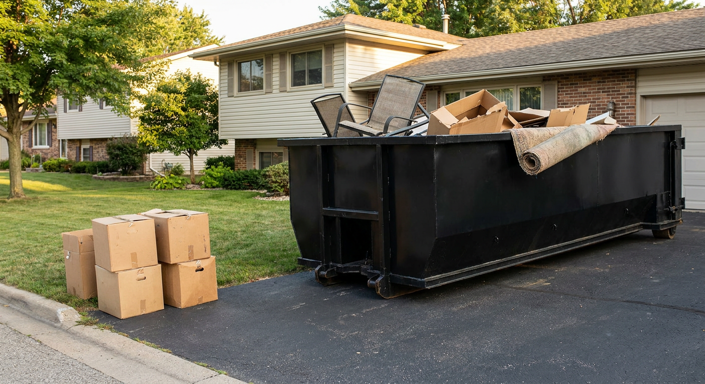 Front-yard view of a Lakewood split-level home with a 20-yard matte-black roll-off dumpster sitting directly on the asphalt driveway, a few clearly labeled donation boxes staged at the curb, calm sunny afternoon.