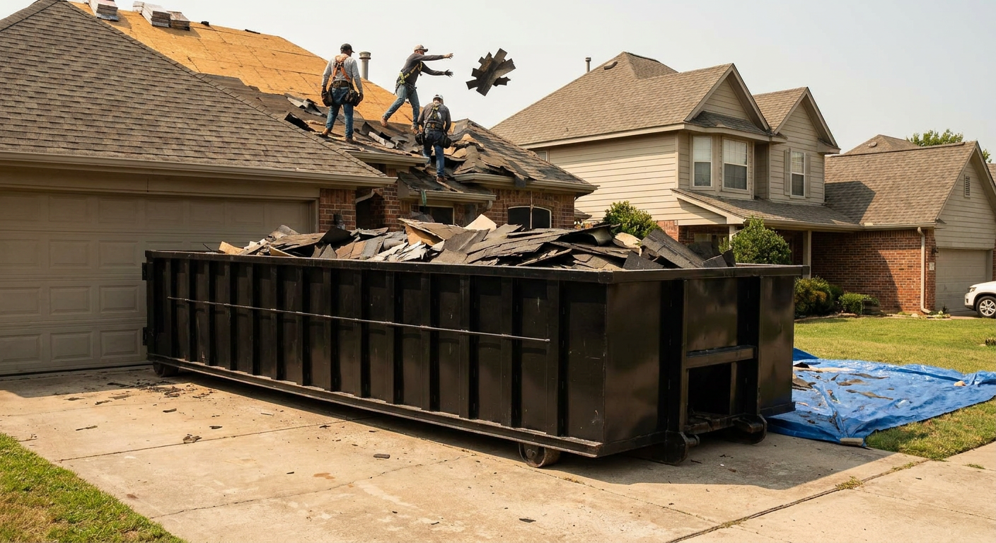 Matte-black roofing roll-off dumpster placed directly on a Lakewood residential concrete driveway, a tear-off crew on a two-story asphalt-shingle roof tossing shingle bundles into the low-walled container, bright daylight, documentary 35mm perspective.