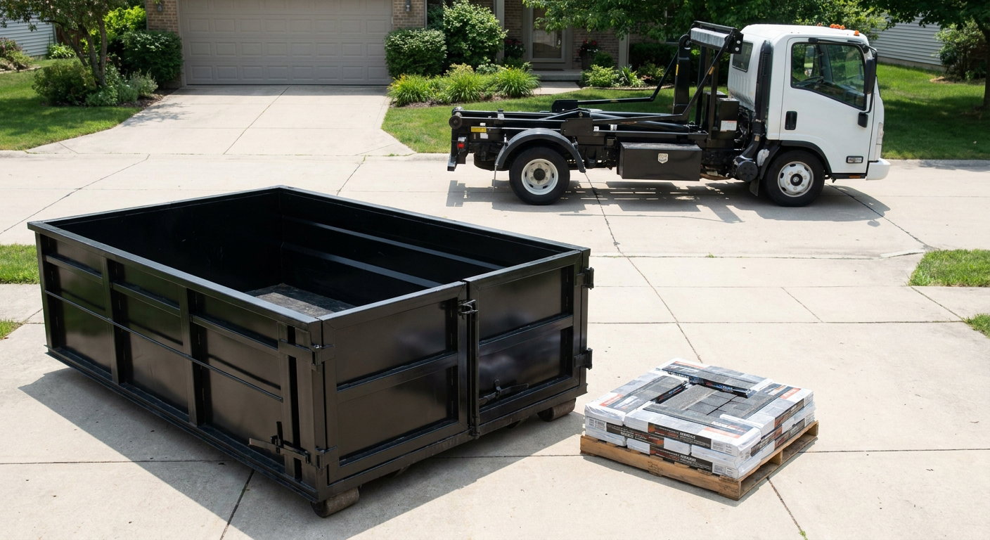 Matte-black 15-yard roofing roll-off dumpster with reinforced low side walls sitting directly on a Lakewood residential concrete driveway, three-tab asphalt shingle bundles stacked nearby, an unmarked white hauler truck partially visible at the edge of the frame.