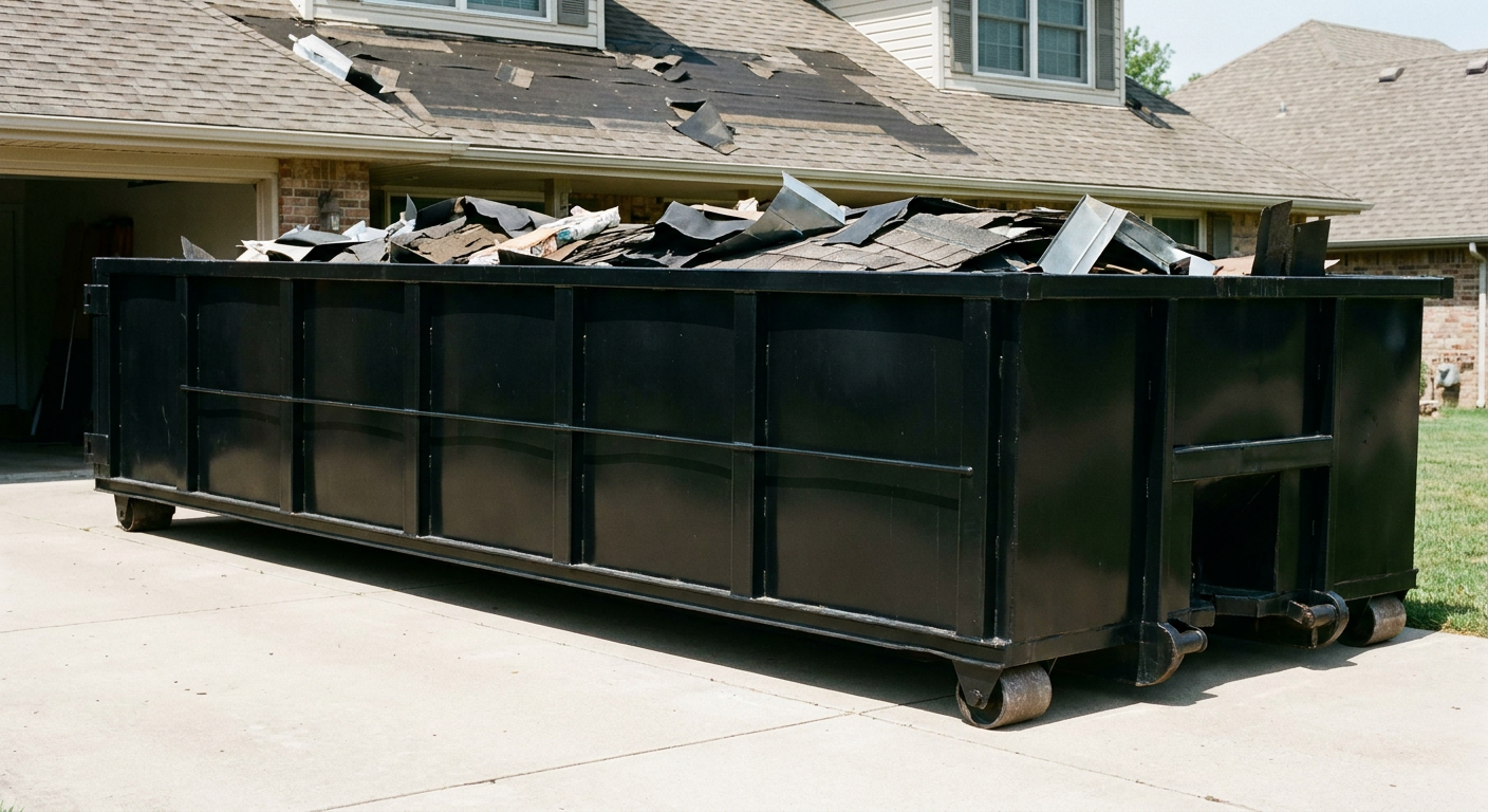 Matte-black 20-yard roofing roll-off dumpster with steel ribbed sides and swinging rear door, sitting directly on the concrete driveway of a two-story Lakewood home, asphalt shingle debris being loaded over the low wall, clean documentary lighting.
