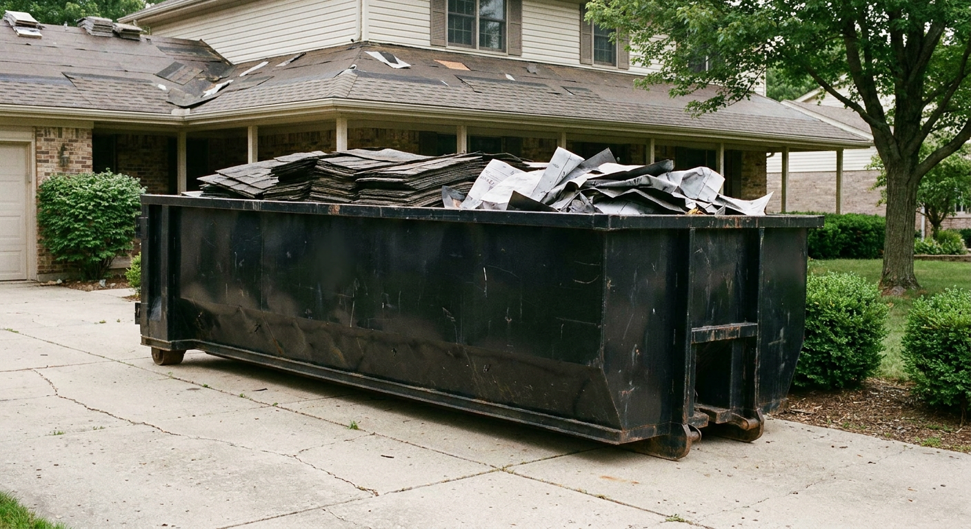 Matte-black 30-yard roofing roll-off dumpster sitting directly on a Lakewood concrete driveway, taller ribbed steel side panels, mixed tear-off debris of asphalt shingles and underlayment inside, professional documentary daylight.