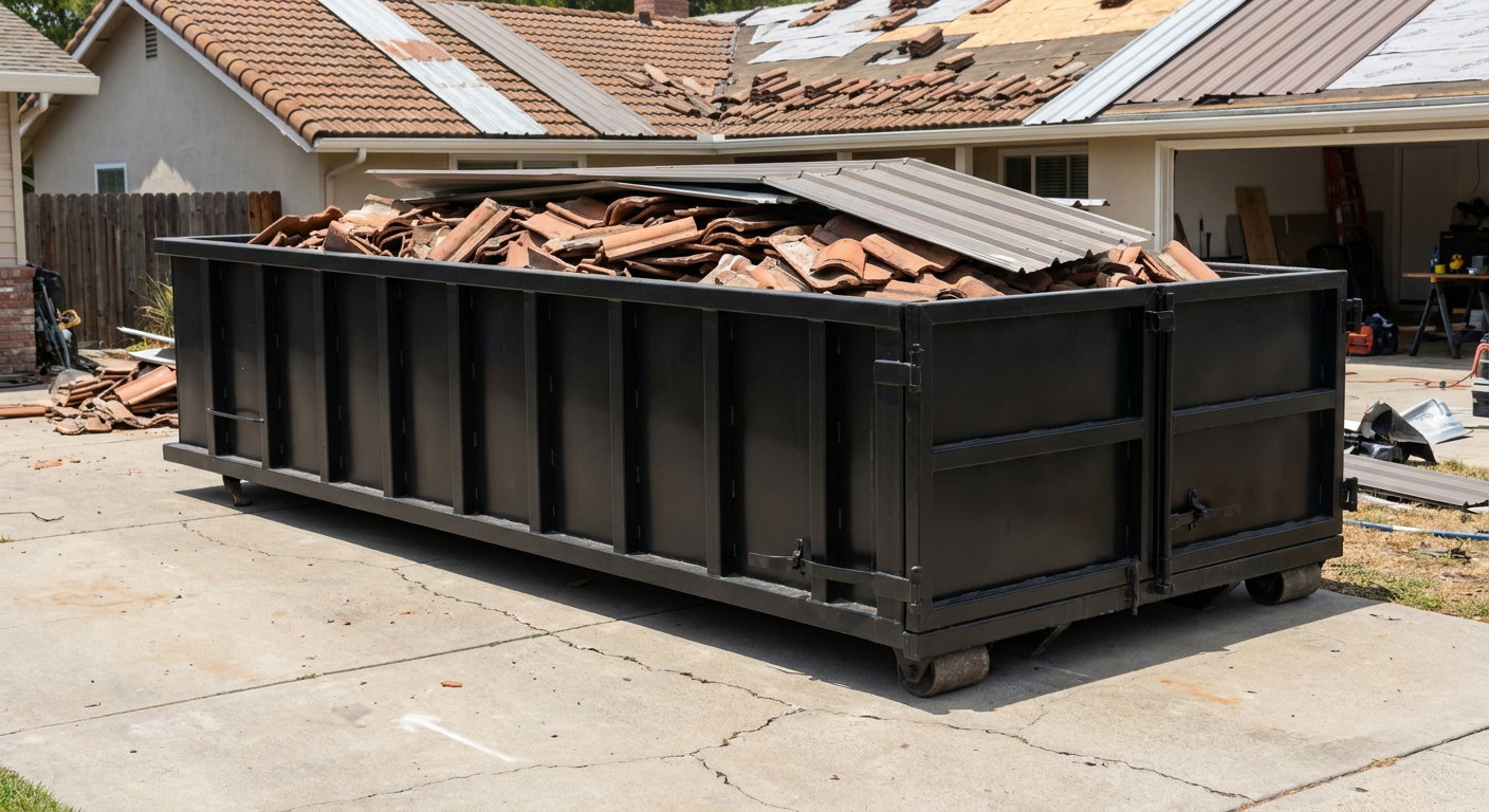 Matte-black low-wall heavy-debris roofing roll-off dumpster sitting directly on a Lakewood concrete driveway, broken concrete clay roof tiles and metal panel sections loaded inside, reinforced ribbed steel side walls visible, bright outdoor daylight.