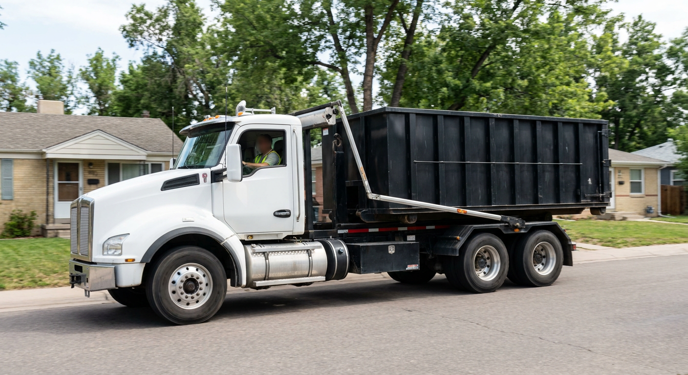 A wide documentary shot of a matte-black roll-off delivery truck pulling onto a quiet Lakewood residential street at mid-morning, with neighborhood rooftops and tree-lined blocks visible behind, showing the metro coverage footprint.