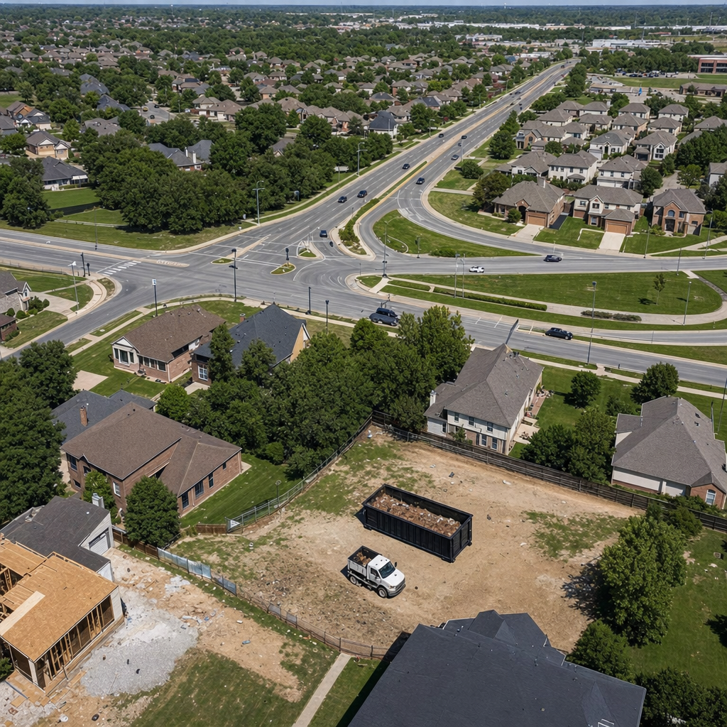 An overhead documentary view of the Lakewood metro area at midday, showing the spread of neighborhoods, arterial roads, and the dispatch radius from a central yard — clean daylight, organized geographic layout.