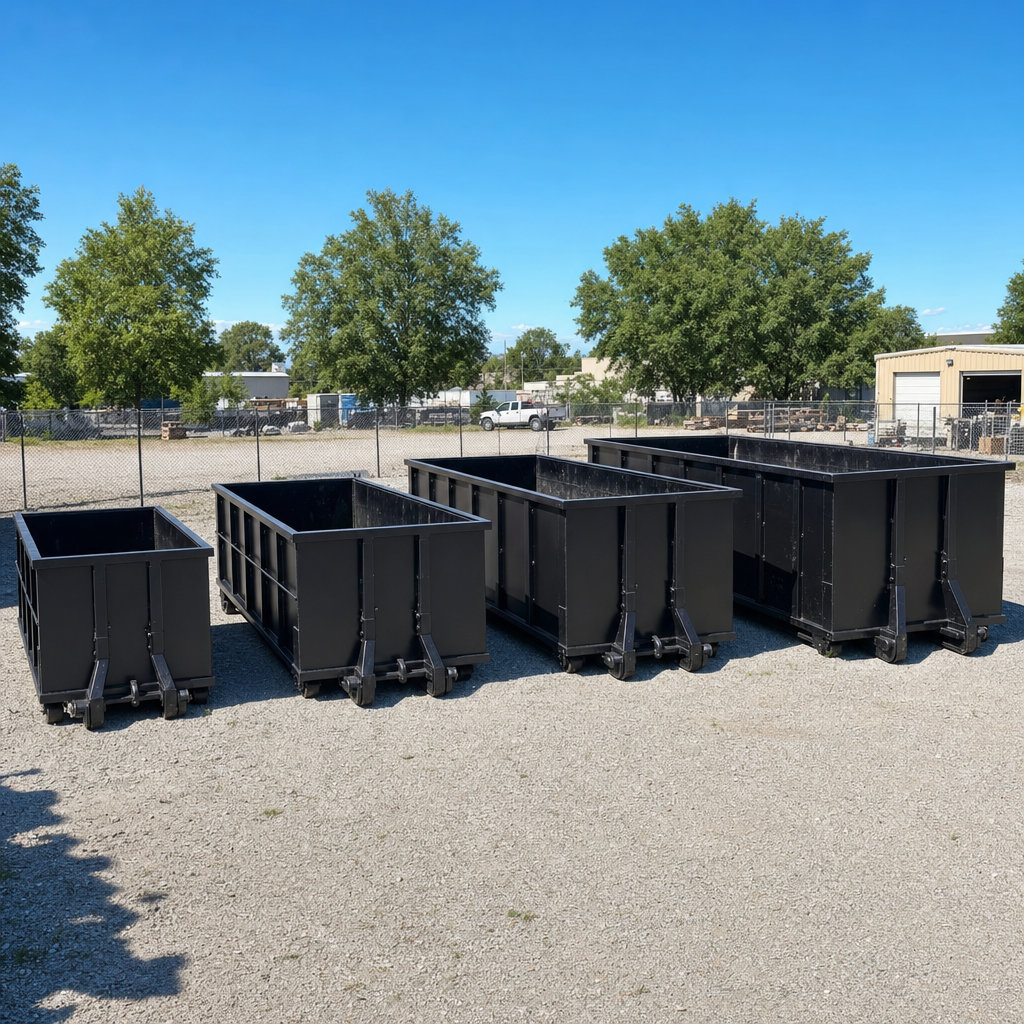 A clean lineup of matte-black roll-off dumpsters in 10, 20, 30, and 40-yard sizes staged on a sunlit gravel yard in Lakewood, showing the size progression from compact to commercial-scale containers.
