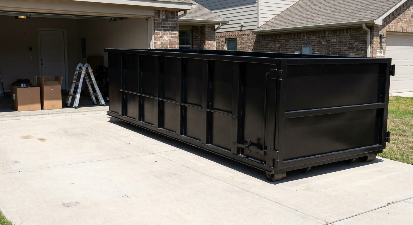 A matte-black 10-yard roll-off dumpster sitting directly on a residential Lakewood concrete driveway, mid-day sunlight, clean and ready for a garage cleanout.