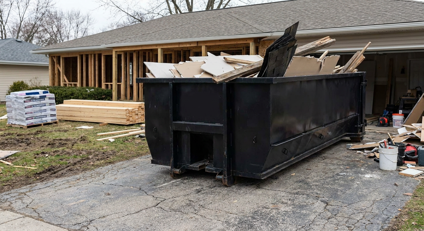 A matte-black 20-yard roll-off dumpster placed alongside a mid-renovation Lakewood home directly on the asphalt driveway, with framing materials and torn-off shingles staged neatly nearby.
