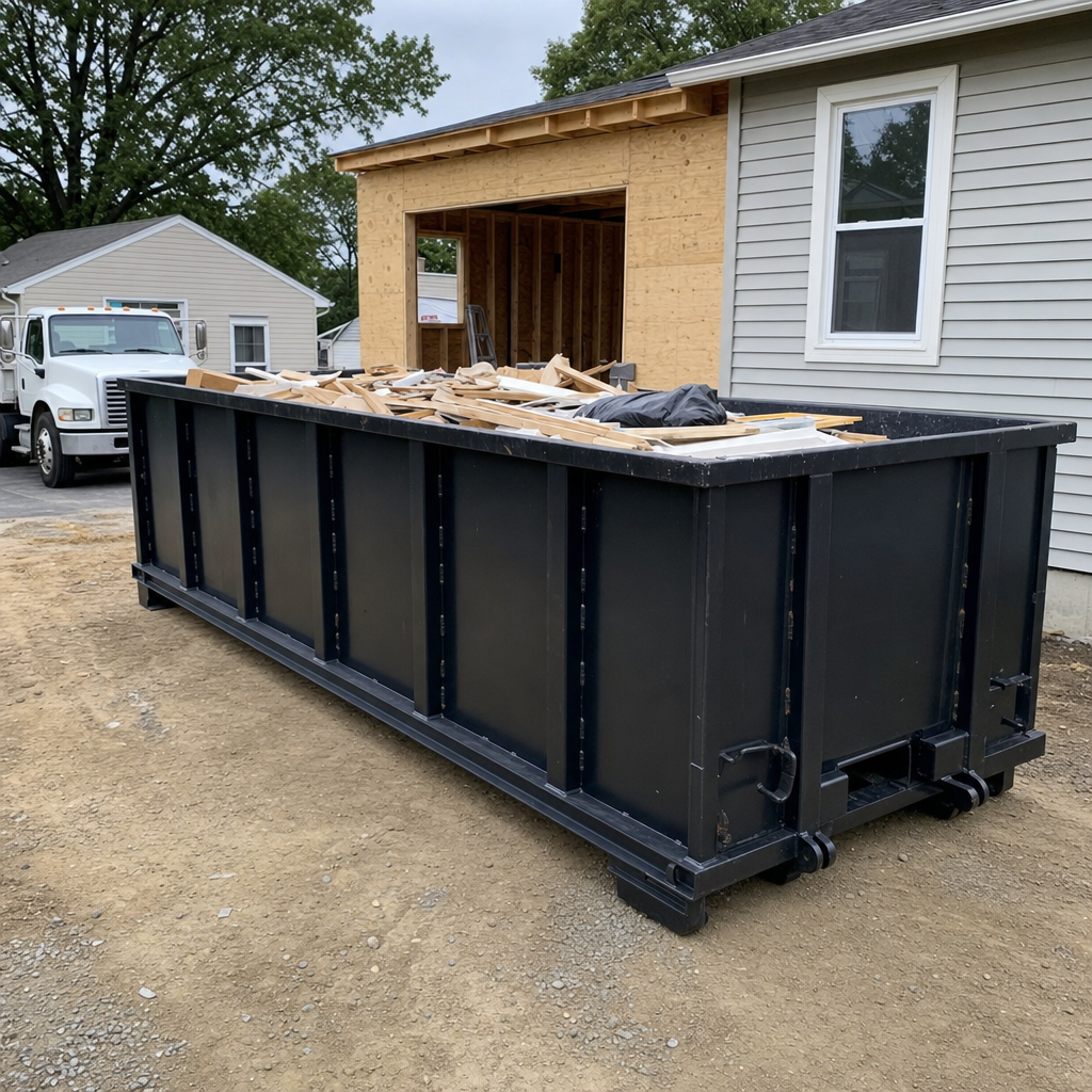 A matte-black 30-yard roll-off dumpster positioned at a Lakewood residential addition jobsite, with framing lumber and drywall scraps loaded through the open swinging rear doors.
