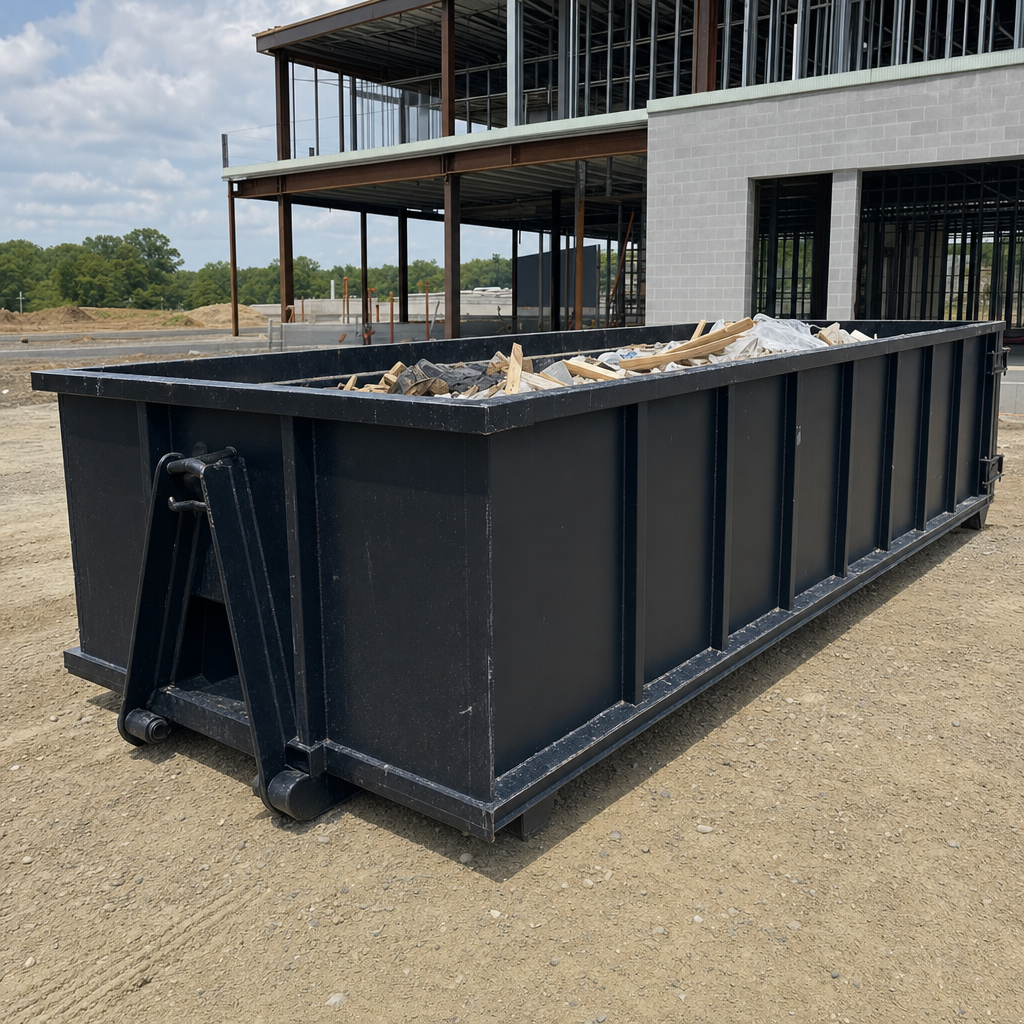A matte-black 40-yard roll-off dumpster staged on a large Lakewood commercial construction lot, with a hooklift delivery truck parked alongside under bright midday sky.