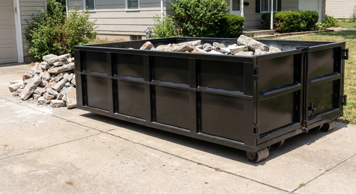 A matte-black low-side heavy-debris roll-off dumpster placed directly on a Lakewood concrete driveway, with broken concrete chunks neatly stacked beside it under clean daylight.